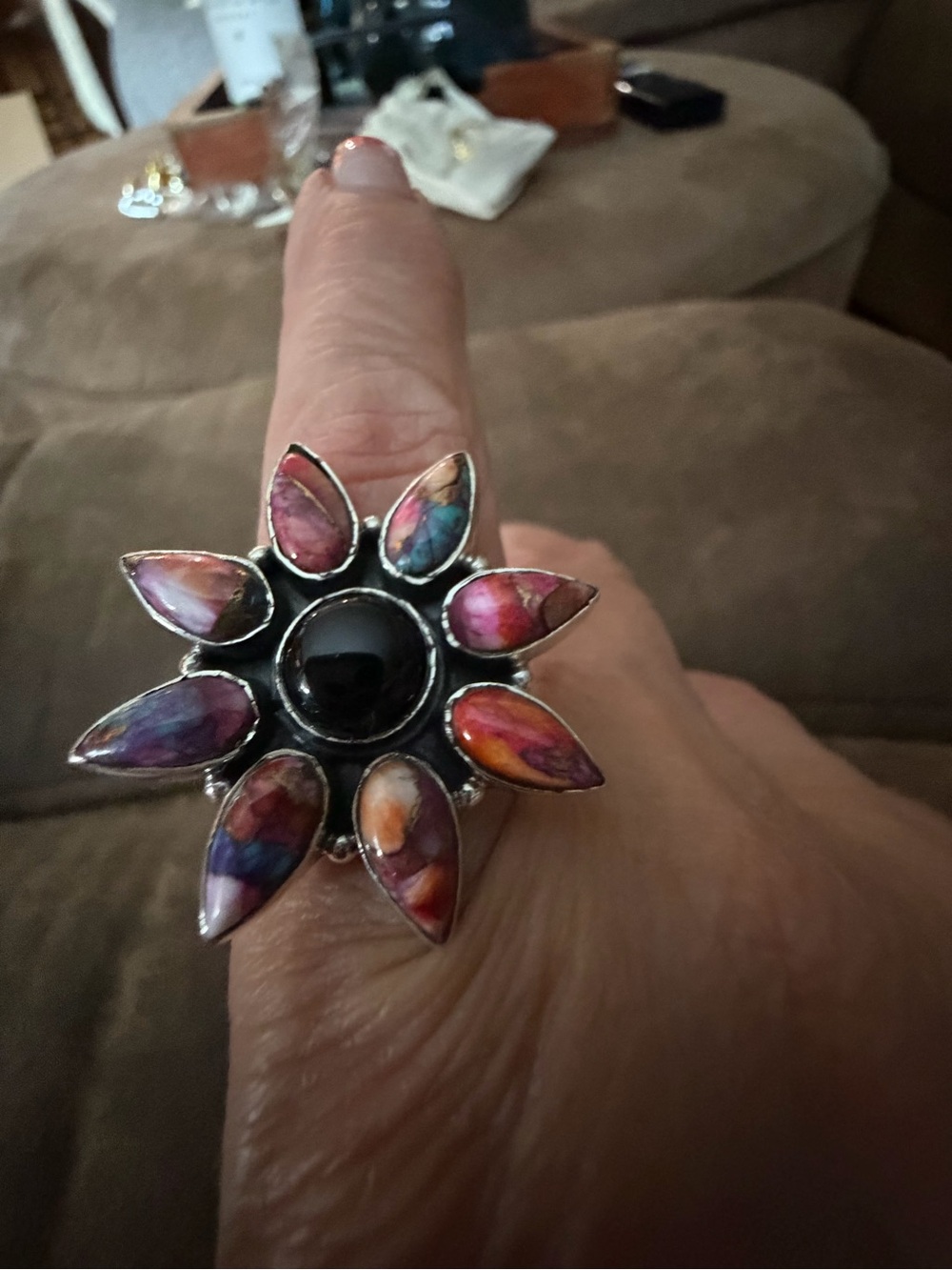Pink Oyster Turquoise Flower Statement Ring with Black Center
